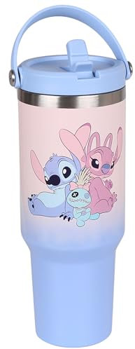 Disney Stitch et Angel Grand mug thermique avec couvercle et embout, acier inoxydable, mug de voyage avec anse 1,18l (Rose-bleu)