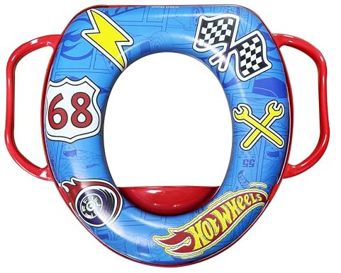 Hot Wheels Soft Potty Training Seat for Toilet with Storage Hook, Non-Slip Potty Ring with Splash Guard, Built-in Handles for Toddlers