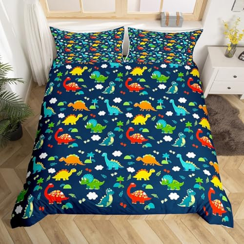 Homewish Cartoon Kinder Dino Bettwäsche 135x200,Dinosaurier Bettbezug Set für Mädchen Jungen Teenager,Moderne Bettwäscheset Microfaser Schlafzimmer Dekor,Tropische Blätter mit 1 Kissenbezug 2 teilig