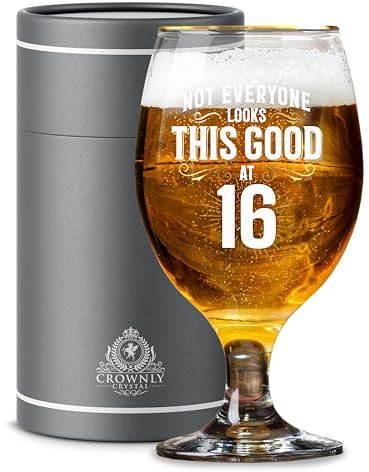 CROWNLY CRYSTAL® Personalised 16th Birthday Beer Glass Funny Pint Gift for Boys or Girls, Friend, Brother or Sister Unique Sixteenth Birthday Decoration