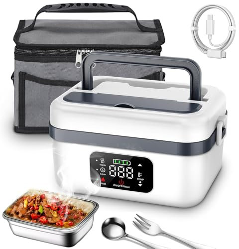Fiambrera eléctrica inalámbrica, Fiambrera térmica Recargable de 1 litro con Tenedor, Cuchara y Bolsa de Transporte, Calentador de Alimentos de Acero Inoxidable con autocalentamiento White