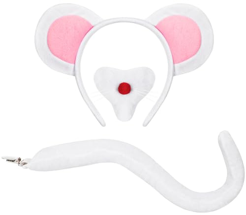 XEPST Ensemble de Costume de Souris, Oreilles et Queue de Souris avec Oreilles de Rat, Serre-tête, nez et Queue de Rat pour Déguisement d'Animal Cosplay fête d'anniversaire Halloween Carnaval, Blanc