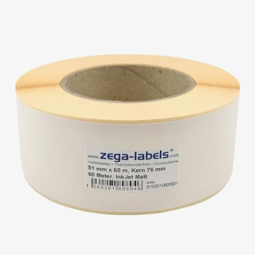 Inkjet Etiketten Endlos Rolle - 51 mm x 60 m - 60 Meter je Rolle - Kern: 76 mm - Papier weiss matt - aussen gewickelt - permanent haftend - Druckverfahren: Ink Jet (Rollen Tintenstrahl Drucker)