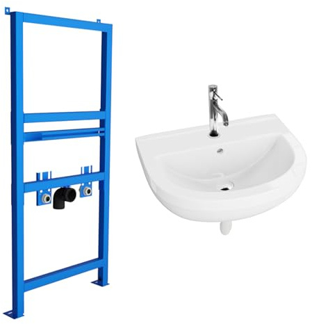 lavita Waschbecken Komplettset – Wandwaschbecken Bart mit Armatur, Vorwandelement, Click-Clack-Ablauf, Siphon und Montageset, Weiß/Chrom