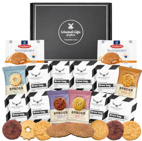 Coffee Gift Set Bundle With x8 Paddy and Scotts Coffee Bags, x2 Jumbo Stroopwafels and Border Biscuits Individually Wrapped - Women and Mens Hampers Gift Sets