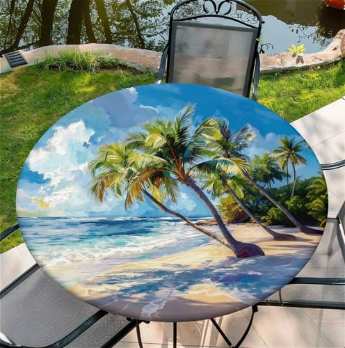 artslion Round Table Cloth with Elastic Edge 36 Inch– Waterproof Non-Woven Fitted Table Cover for Indoor & Outdoor Use – Coconut tree Patterns Tablecloth Perfect for Dining, Garden & Patio Tables