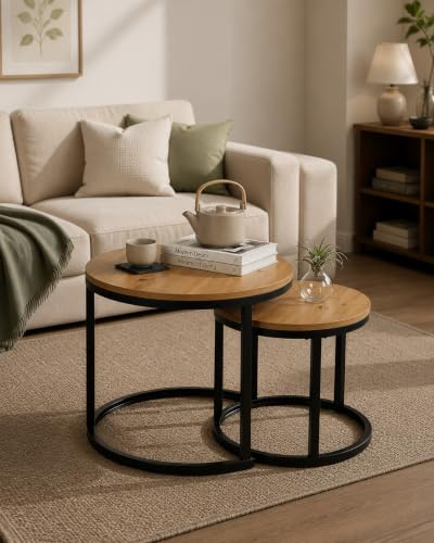Ginhow Kleiner Beistelltisch Rund Holz 2er Set Couchtisch Rund Holz 50 cm | Wohnzimmertisch Rund Holz Couchtisch 50 x 50 mit natürlichen Holztrukturen, Coffee Table mit schwarzem Metallrahmen