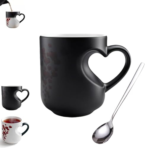 Tasse à café magique en forme de cœur changeant de couleur avec poignée qui révèle un design surprise lorsqu'elle est remplie de boissons chaudes, cadeau romantique pour les couples (noir avec