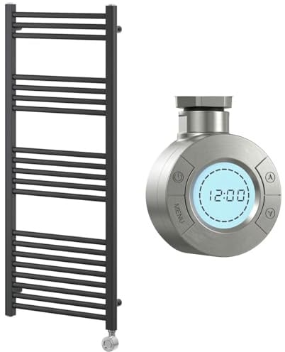 Go Bathrooms Nola 1200 x 500mm Electric Heated Towel Rail Matt Black Smart Bathroom Radiator Wall Mounted Ladder Rack Energy Efficient Electric Towel Warmer 500 Watts