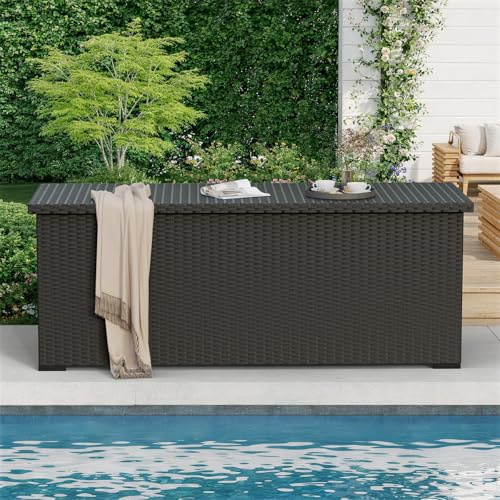 Amopatio Gartenbox Auflagenbox wasserdicht 870 Liter, Kissenbox outdoor aus Polyrattan, Aufbewahrungsbox Metall mit Gasdruckfedern, Gartenkiste wetterfest für Garten, Balkon (Schwarz)