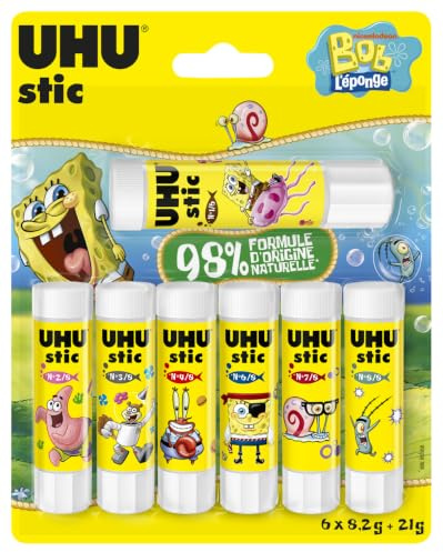 UHU Stic - Bâton de Colle Sans Solvants - Edition Bob L'Éponge - Colle Enfant, Loisirs Créatifs, Bureau, Maison, École - Blanche - Fournitures de Bureau - Lot de 6 Stics de 8,2 g + 1 Stic 21 g