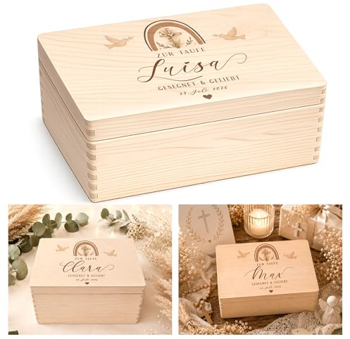 Manufaktur Liebevoll Personalisierte Erinnerungskiste Taufe mit Namen und Datum – Taufgeschenk Mädchen Junge – Holzbox Taufe – Erinnerungsbox Gesegnet & Geliebt – Boho Geschenk (Taufe)