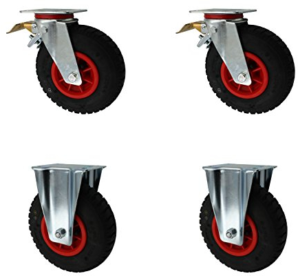 Set 230 mm Luftberefte Transportrollen 2 x Lenkrollen Bremse + 2 x Bockrollen Transportgeräterolle