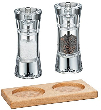 Zassenhaus Set Salzmühle & Pfeffermühle Aachen Acryl 14 cm & Untersetzer Buche eckig