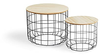 LIFA LIVING Runder Couchtisch rund im 2er Set, 2 Beistelltische aus schwarzem Metall und MDF-Holz, Beistelltisch Vintage und Industrial Design, Drahtkorb, bis zu 20 kg belastbar
