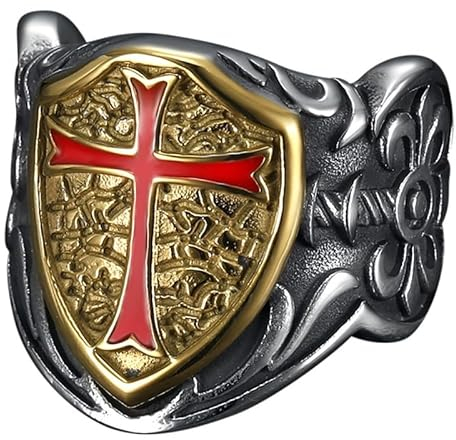 BOBIJOO JEWELRY - Bague Chevalière Templier Blason Bouclier Chevalier Croix Rouge Acier inoxydable Or - 22,6 (13 US)
