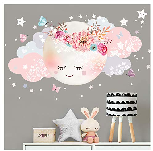 Little Deco Wandsticker Mond & Wolken I Weiß/Rosa L - 60 x 31 cm (BxH) I Kinderzimmer Wandtattoo Mädchen Baby Deko Zimmer DL246-1-L