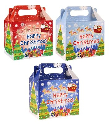 HENBRANDT 24 x Happy Christmas Medium Party Lunch Boxes for Christmas Parties Xmas Dinner Food Box Gift Box Party Favours Goodies Treats Empty Cardboard Packaging for Boys and Girls