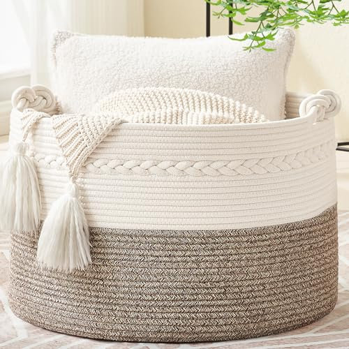 KAKAMAY Großer Deckenkorb (50,8 x 33 cm), gewebte Körbe zur Aufbewahrung von Baby-Wäschekorb, Baumwollseil, Deckenkorb für Wohnzimmer, Wäsche, Kinderzimmer, Kissen, Baby-Spielzeugtruhe (weiß/beige)