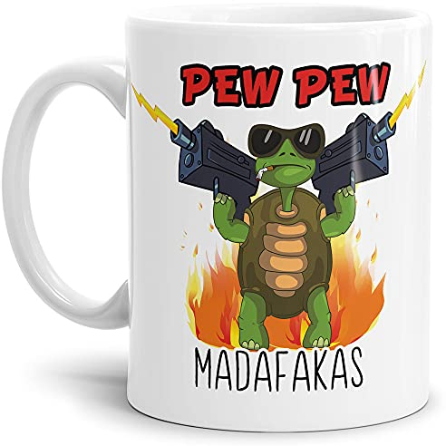 Tasse mit lustigem Spruch - Pew Pew Madafakas - Schießende Schildkröte - Witziges Geschenk für Freunde, Kollegen, Kaffeetasse - Keramik Weiß, 300 ml