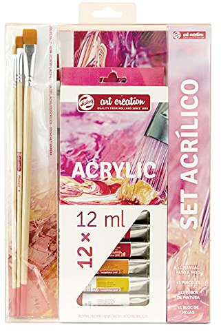 Talens Art Creation Acryl-Set, 12 Tuben 12 ml, Papierblock A4, Pinsel, Schritt-für-Schritt-Handbuch