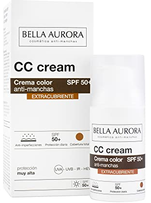 BELLA AURORA - CC Cream Antimanchas Extracubriente SPF50+ 30 ml, Protector Solar Antimanchas, Crema Color Antimanchas, para Hiperpigmentaciones y Unificar el Tono, Crema Solar Facial, Cobertura Óptima