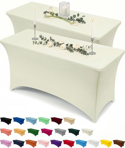 Utopia Kitchen Spandex Tablecloth 2 Pack [6FT, Ivory] Tight, Fitted, Washable and Wrinkle Resistant Stretch Rectangular Patio Table Cover for Event, Wedding, Banquet & Parties [72Lx30Wx30H Inch]