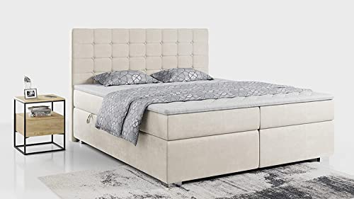 MKS MEBLE Boxspringbett Beige 180x200, Polsterbett 180x200 mit Bettkasten, Bett 180x200 mit Multipocket-Matratze H3, Boxspringbett 180x200 mit Kopfteil und Topper - H3 Beige Velvet - Susan