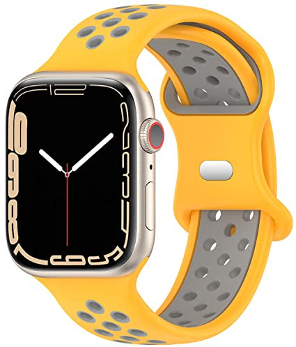Geageaus Cinturino Compatibile con Apple Watch da 42/44/45/49mm, Cinturino di Ricambio in Silicone Traspirante per iwatch Series 876543SE,Nike,Ultra (Giallo/Grigio)