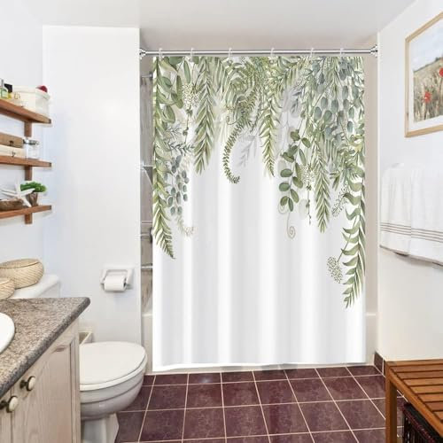 Uiiooazy Duschvorhang 150x200cm, Duschvorhang Anti Schimmel Grüne Blätter Eukalyptus Salbeigrün Blumen Duschvorhänge Wasserdicht Polyester Stoff Waschbar Bad Vorhang mit 10 Haken für Badezimmer