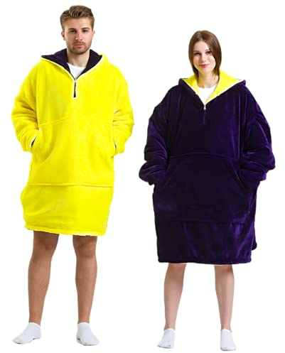 AKDOGAN kuscheldecke mit ärmeln (Violett microfaser-sherpa Gelb, 70x85cm 6-14 kinder)
