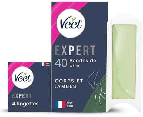 Veet EXPERT - 40 Bandes de Cire Froide Corps & Jambes - Peaux Sèches - Finition Parfaite - Epilation Longue Durée