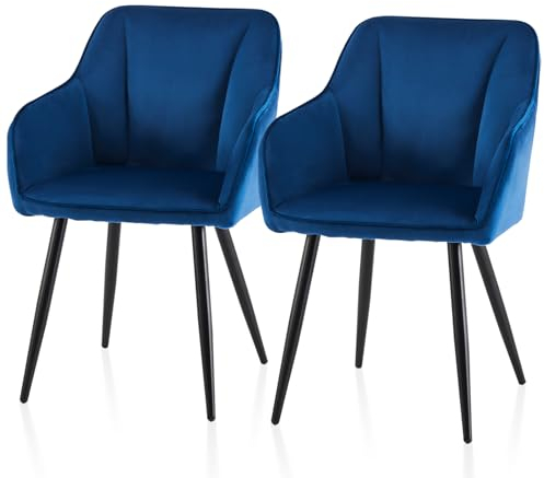 TUKAILAI Esszimmerstühle 2er Set aus Samt,Küchenstuhl Polsterstuhl Armlehnstuhl mit Armlehnen,Rückenlehnen,weiche Sitzpolster,Metallbeinen,Modern Sessel für Küche Esszimmer Wohnzimmer,Blau