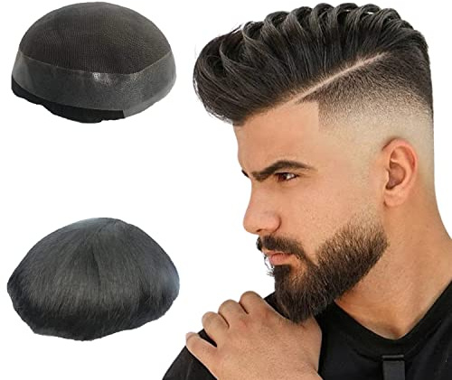 NLW Echthaar-Toupet für Männer Herren-Toupet Schweizer Spitze kombiniert mit PU Naturhaar Ersatzsystem schwarz base 9 * 6
