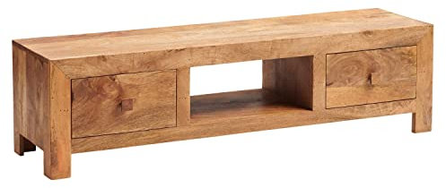 DAKOTA LIGHT MANGO PLASMA MEDIA UNIT, INDUSTRIAL STYLE TV TABLE WITH 2 DRAWERS SHELF AND WOOD FRAME FOR LIVING ROOM, ENTERTAINMENT ROOM, HALLWAY
