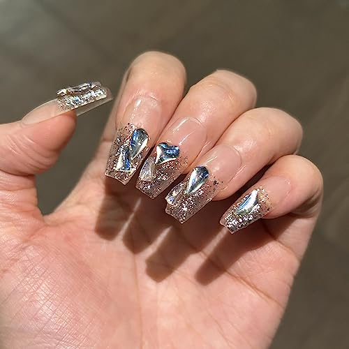 10PCS Medium Coffin Nude Shining Press on Nails with Diamonds Silver Shimmer False Nails with Adhesive Tabs Ballerina Nails Files