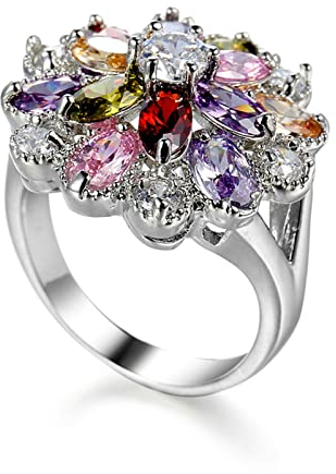 Daesar Damen Ringe Verlobung, Ring Versilbert Blumen mit Bunten Zirkonia Silber Ring Frauen Jugendstil Große 54 (17.2)