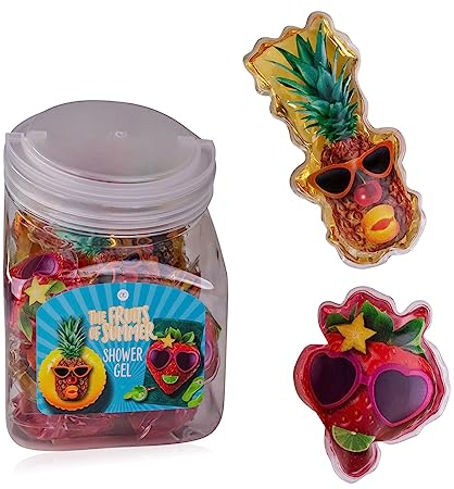 accentra Mini-Duschgel “The Fruits of Summer – Großpackung Gastgeschenk für Kindergeburtstag, Tombolapreis oder Adventskalender Füllung – Bonbonglas mit 24 x 50 ml, 2 Motive/Düfte