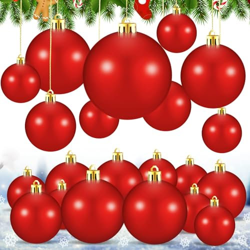 Marsui 24 Stück 20,3 cm, 15,2 cm, 7,6 cm, 5,1 cm, große rote Weihnachtskugeln, riesige Weihnachtskugeln, bruchsichere Ornamente für Weihnachtsbaum, Outdoor, Rasen, Hof, Veranda, hängende Dekoration