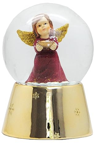 Nostalgie Schneekugel Engel rot Gold Sockel mit Sternen Spieluhr Moonlight Serenate 10cm Schüttelkugel * 20236