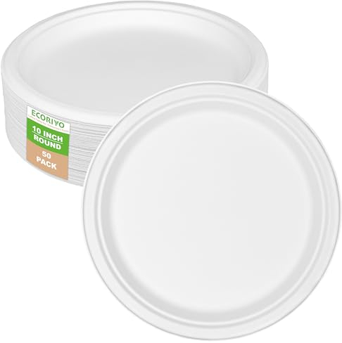 ECORIYO 10-Inch Round Disposable Bagasse Sugarcane Plates - 50-Pack of Biodegradable Plates, Eco Friendly Disposable Tableware from Sugarcane - Freezer-Safe & Microwave-Safe Party Plate - White