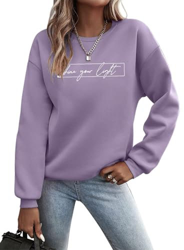 Minetom Pullover Damen Sweatshirt Briefe Drucken Langarm Rundhals Pulli Herbst Winter Frauen Buchstaben Druck Locker Casual Oberteil Sport Streetwear Sweatshirts ohne Kapuze Bluse Tops C Violett S