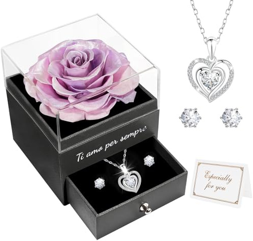 Miofula Rosa Stabilizzata Regalo Donna,Rosa Eterna con Collana Argento 925 Orecchini Donna,Ti Amo per Sempre,Regalo Donna Compleanno,Rose Stabilizzate Regalo Natale Anniversario San Valentino per Lei