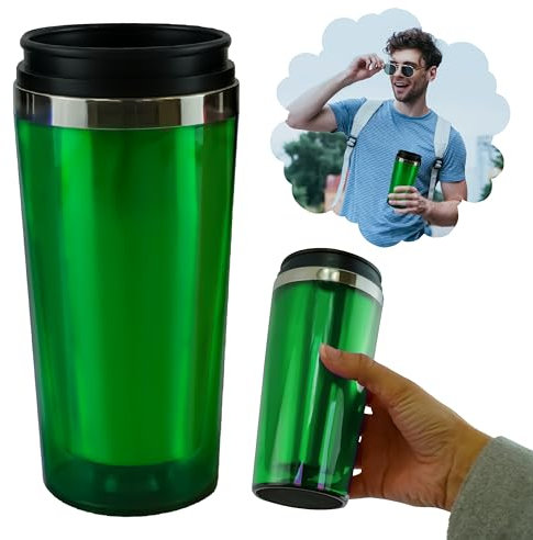 HOVUK Green Insulated Travel Mug 450ml, Stainless Steel Vacuum Flask, Spill-Proof Thermal Coffee Cup for Car, Office & Outdoor Use