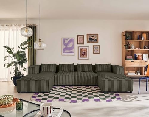 Lisa Design Stella - Wohnlandschaft U-Form - 7 Sitzplätze - aus grob geripptem Samt Grün