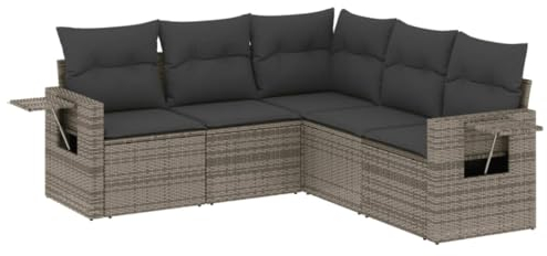vidaXL Garten Sofagarnitur mit Kissen 5-TLG., Gartenmöbel Gartengarnitur, Sitzgruppe Sitzgarnitur, Lounge Sofa Garnitur Terrasse, Grau Poly Rattan