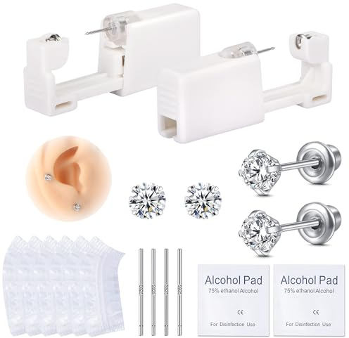 AVYRING 2Pcs Disposable Ear Piercing Set with 4MM Cubic Zirconia Studs - Complete Set for Safe and Easy At-Home Ear Piercing, 316L Surgical Stainless Steel Ohrloch Stecher Set for Women Man