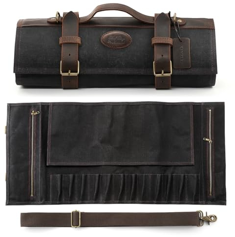 XINZUO Chef Knife Roll Bag Professional,16oz Waxed Canvas and Crazy Horse Leather,12 Slots Plus 2 Zipper Pockets,Black,Adjustable Shoulder Strap-Travel Tool Roll Pouch(Bag Only)