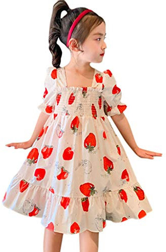 Kleinkind-Baby-Kind-Mädchen-Erdbeere Gerafftes Kleid Prinzessin Kleider Kleidung Karo Kinder (White, 3-4 Years)