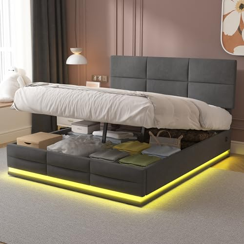 Doppelbett Polsterbett 160x200, LED Hydraulisch Stauraumbett Funktionsbett mit Großer Stauraum&Aufladen USB, Bett Jugendbett Bettgestell mit Verstellbares Kopfteil&Lattenrost, Samt, Ohne Matratze,Grau